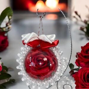 Valentine’s Day’s Ornament, Red Rose, Crystal, Holiday Gift, Birthday, Pearls